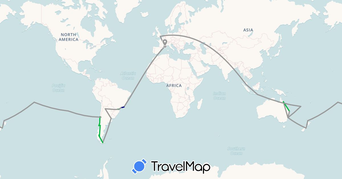 TravelMap itinerary: driving, bus, plane in Argentina, Australia, Brazil, Chile, France, United Kingdom, Indonesia, Malaysia, New Caledonia, New Zealand, French Polynesia (Asia, Europe, Oceania, South America)